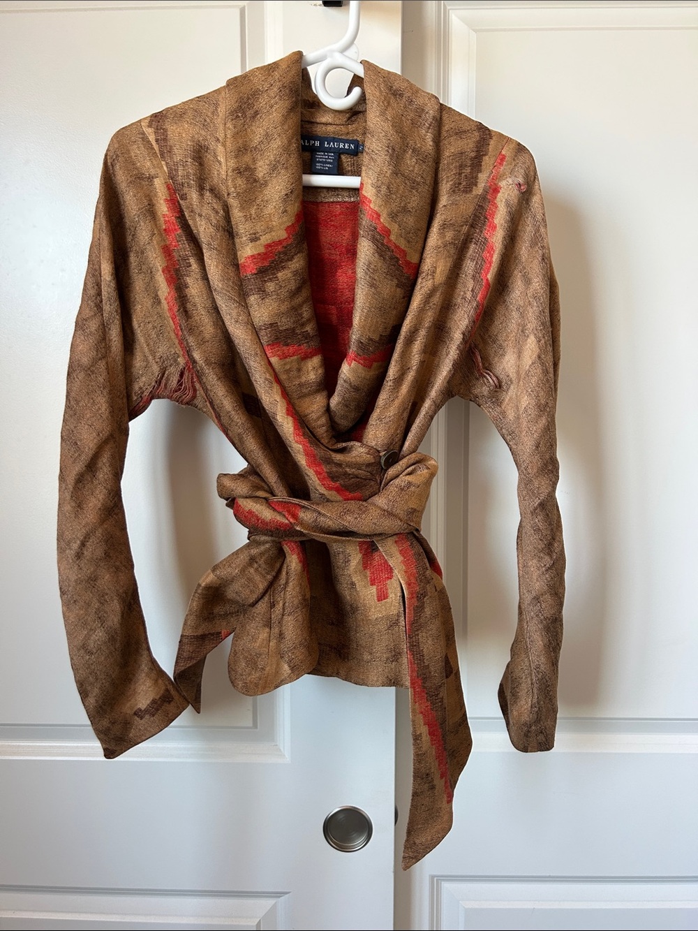 Ralph Lauren Brown & Beige Linen Cardigan with Red Southwestern Accents